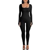 Menore Women's Yoga Jumpsuits Workout Ribbed Long Sleeve Soft Sports jumpsuits Square Neck Figure-Hugging One-Piece