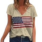 SHINEHUA Sommer Damen amerikanische Flagge bedrucktes lässiges T-Shirt Tops Kurzarm V-Ausschnitt Bluse lose Tuniken Hemden T-Shirt Kurze Latzhose Damen (Red, S)