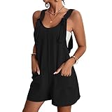 KOEMCY Latzhose Damen Kurz Jumpsuit Sommer Ärmellos Overalls Quadratischer Kragen Romper Playsuit High Waist Shortalls Loose Hosenträger (Schwarz, S)