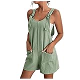 EMATOP Jumpsuit Damen Sommer Kurzer Playsuit Baumwolle Leinen Einteiler Overalls Casual Einfarbig Latzhose Sexy Ärmellos Hosenanzug mit Taschen Sommerhose Leicht Atmungsaktiv Romper Shorts